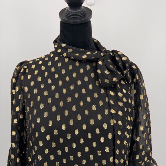 Calvin Klein Dress Womens 4‎ Black Gold Polka Dot Sheer Bell Sleeve Neck Bow - Picture 6 of 8